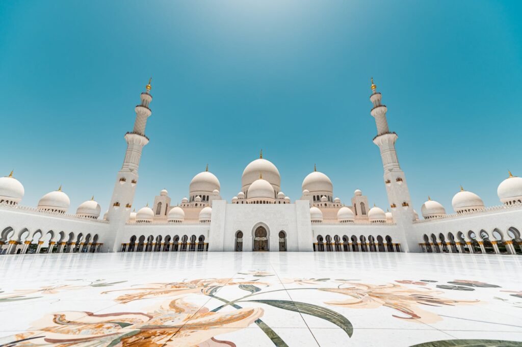 the courtyard of sheikh zayed grad mosque in abu dhabi