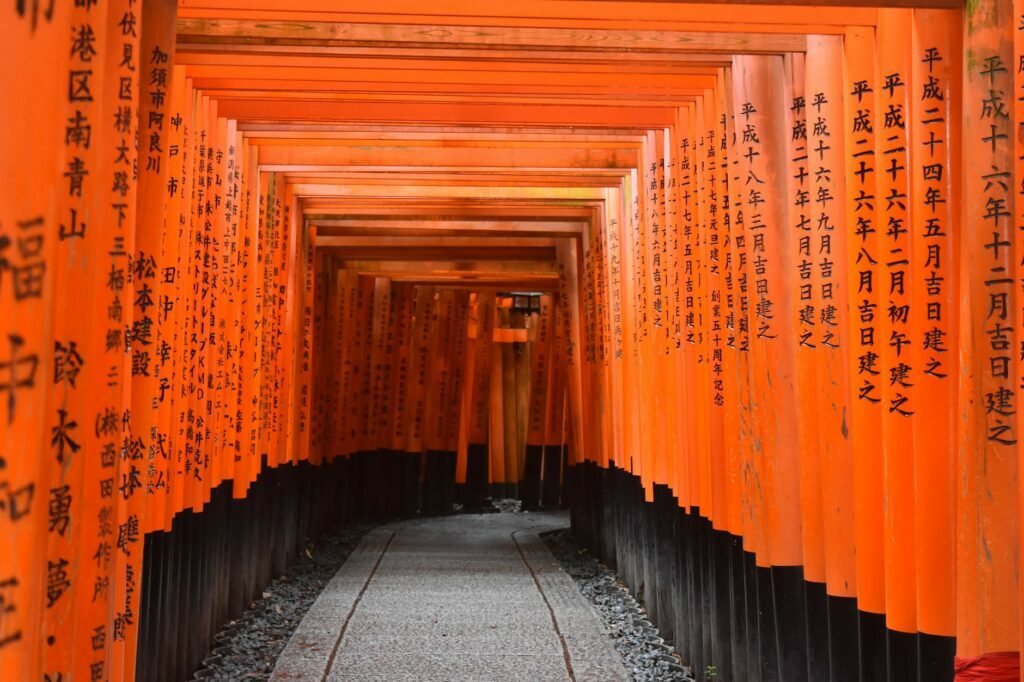 photo of walkway between shinto shrine